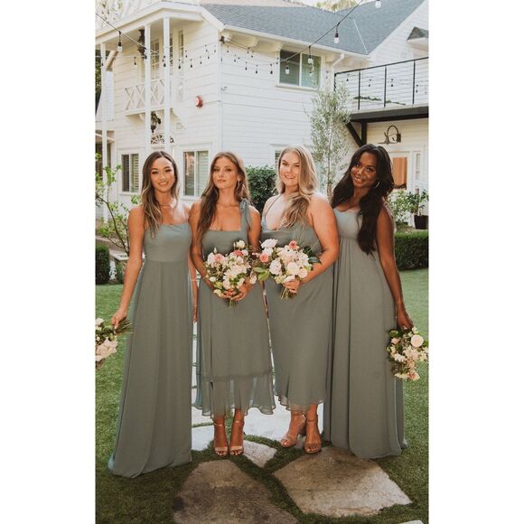 Show Me Your MuMu Claire Midi Deep Sage Green Chiffon Slit Smocked Dress Size L - Picture 2 of 9